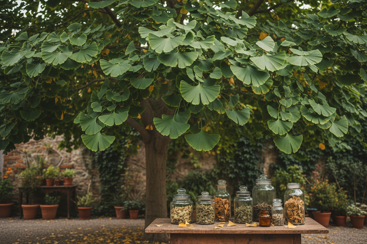 Ginkgo biloba tree with distinctive fan-shaped leaves in natural light