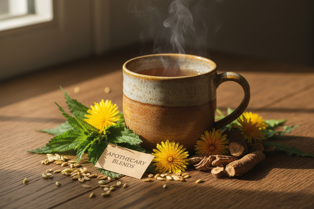 Clear & Easy herbal tea in a rustic ceramic mug surrounded by nettle leaf, celery seed, dandelion and burdock root on a wooden surface