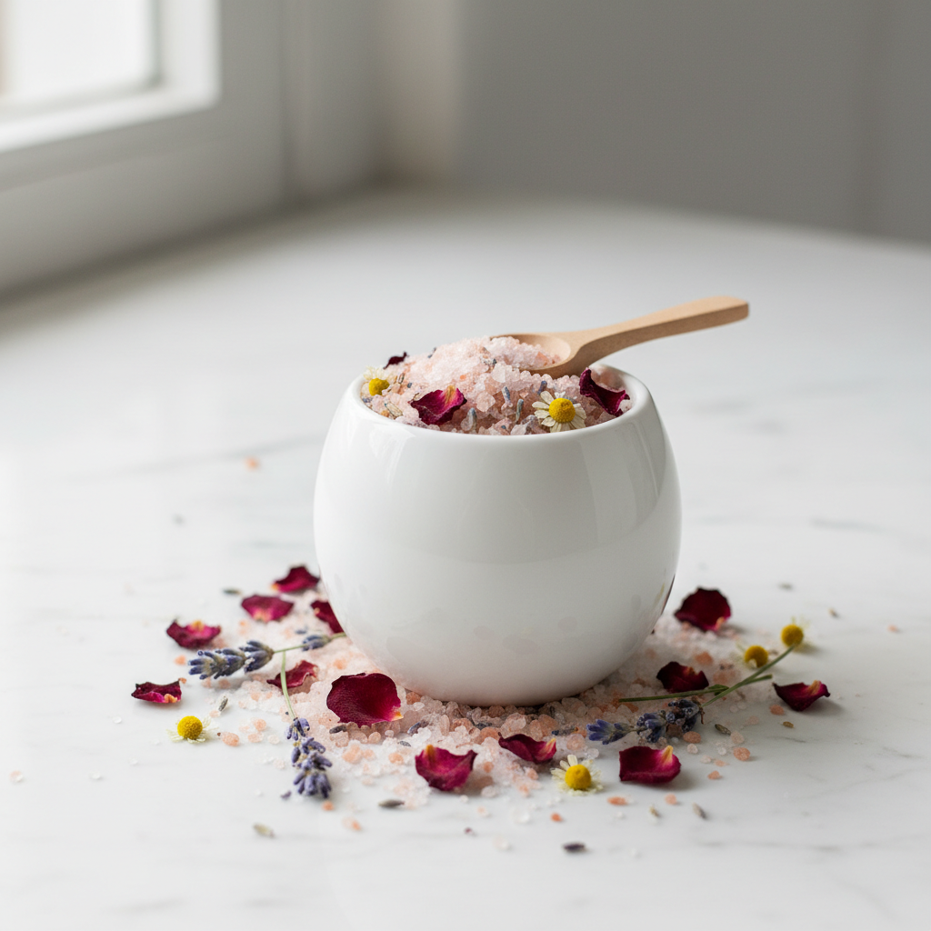 Floral Finishing Salt in a white ceramic salt cellar with rose petals, lavender buds, and chamomile on marble