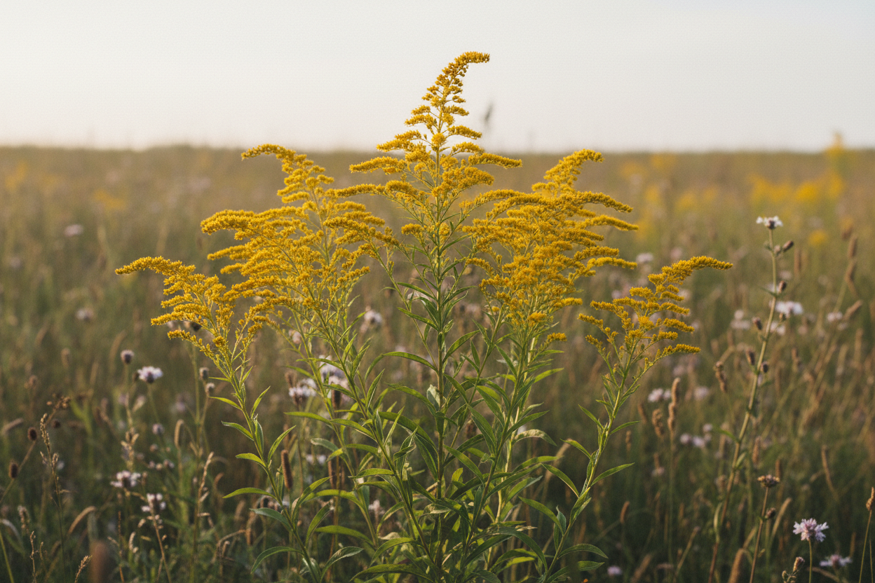 Goldenrod Solidago virgaurea plant with bright yellow flower spikes growing in a meadow