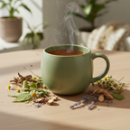 Cup of Calm Mind herbal tea in a peaceful setting surrounded by organic lemon balm, skullcap, chamomile and other calming herbs