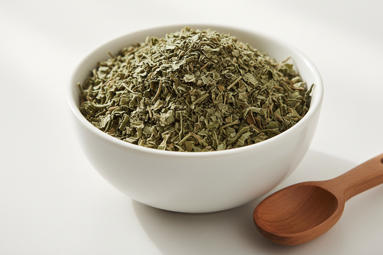 Dried gotu kola cut and sifted olive green gray fragments in a white ceramic bowl with wooden scoop
