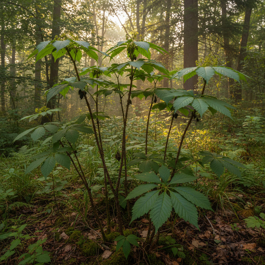 Organic Siberian ginseng (Eleuthero) plants growing with distinctive compound leaves in natural forest setting