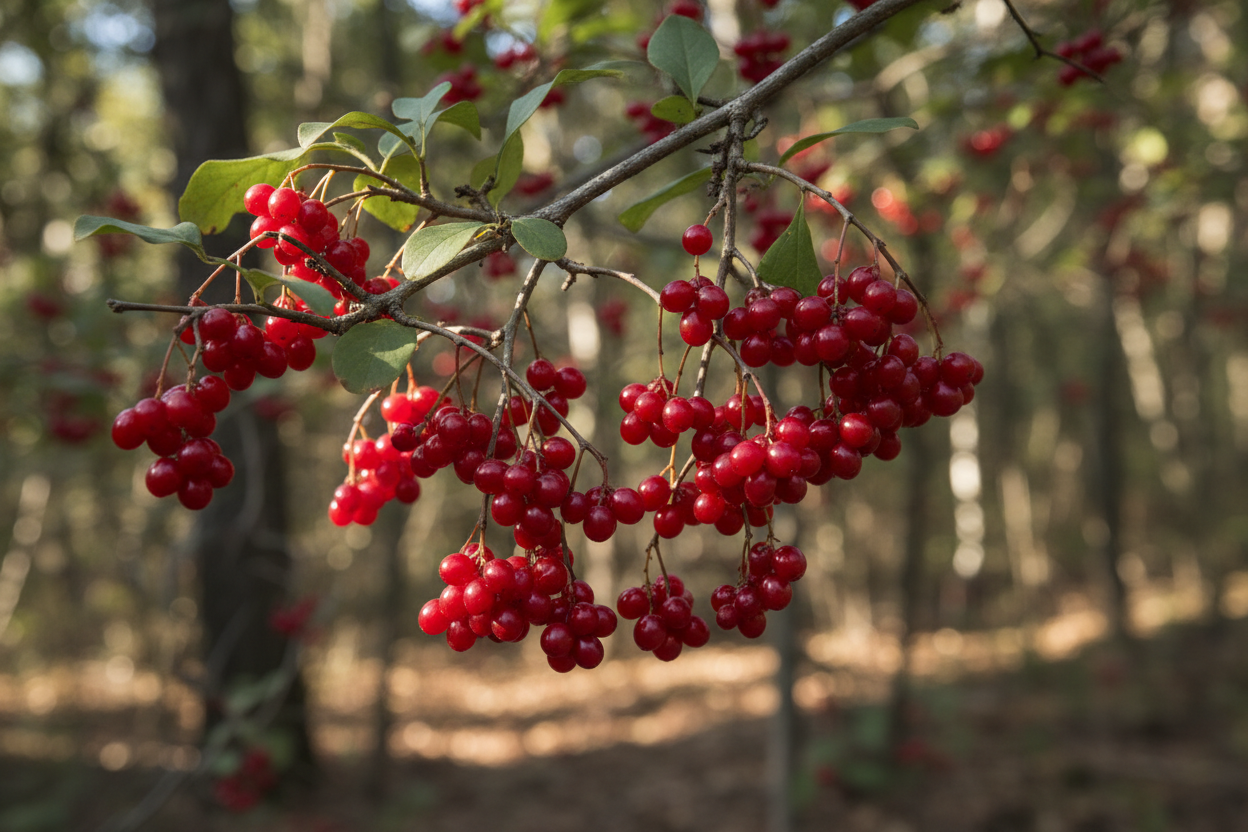 Schisandra chinensis vine with clusters of bright red berries hanging in a forest