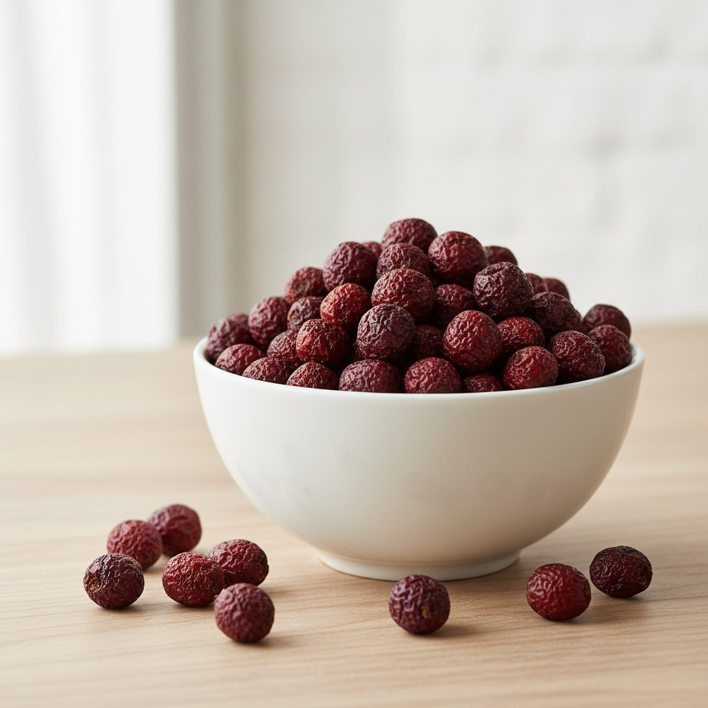 Organic whole hawthorn berries in a white ceramic bowl