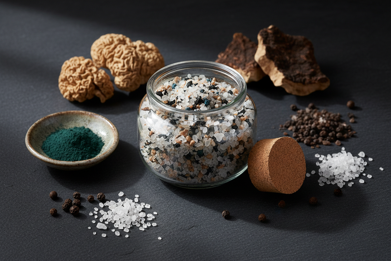 Focus Finishing Salt flat lay with Lion's Mane, Chaga, spirulina, Dead Sea salt and smoked sea salt