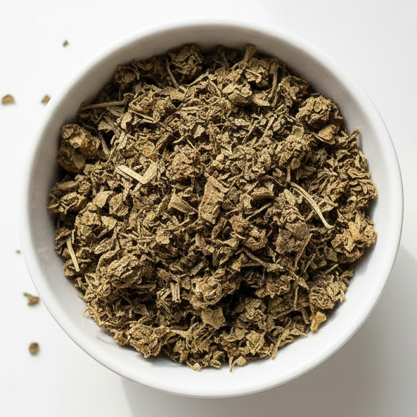 Mugwort in white bowl - clumpy brown