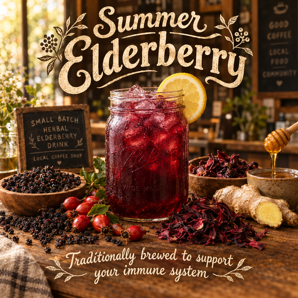 Summer Elderberry coffee-shop Facebook ad with mason jar of ruby-purple elderberry drink, headline text, and scattered botanicals